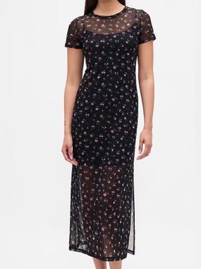 GAP Black Maxi Dress with Pink Floral Mesh Overlay